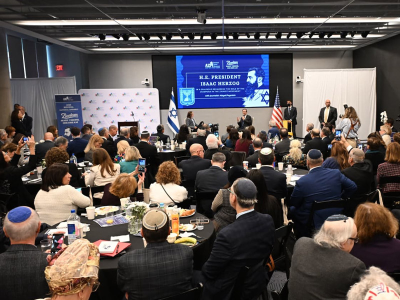 President Isaac Herzog addressing the American Zionist Movement in New York